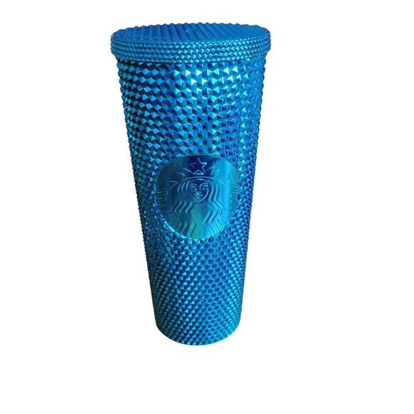STARBUCKS 24oz Blue chrome Teal Splash Bling Studded Cold Cup Tumbler 2023 Read - Picture 1 of 4